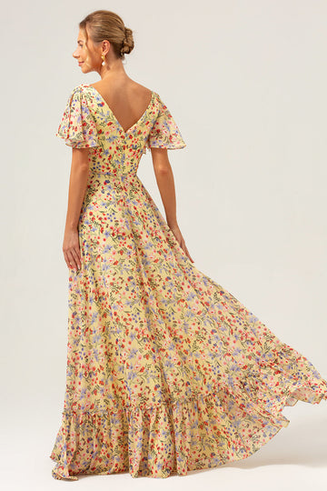 Yellow Flower Printed A-Line V-neck Short Sleeves Long Prom Dress